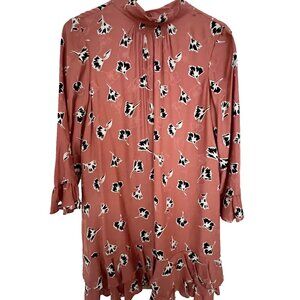 Rebecca Taylor Dress 10 Floral Ruffle Silk Blend Long Sleeve Coral